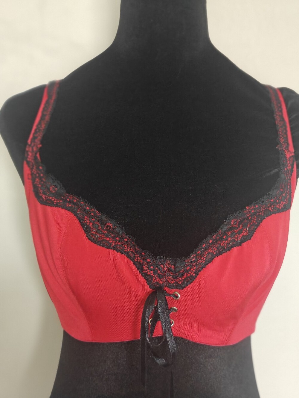 VTG Frederick's Of Hollywood Lace Front Corset Bra 34D Red Black Underwire